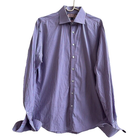 Thomas Pink Blue/Red Stripe Slim Fit Traveller Button Down Spread Shirt 16.5 - Picture 6 of 9